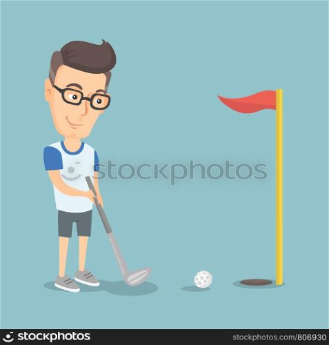 Adult caucasian golfer directing a ball into a golf hole with a red flag. Professional golfer playing golf. Sport and leisure concept. Vector flat design illustration. Square layout.. Golfer hitting a ball vector illustration.