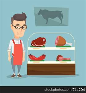 Adult caucasian salesman offering fresh meat at display in a butcher shop. Smiling butcher at work at the counter in a butchery. Concept of shopping. Vector flat design illustration. Square layout.. Butcher offering fresh meat in a butchershop.
