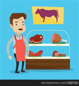 Adult caucasian salesman offering fresh meat at display in butcher shop. Butcher at work at the counter in butchery. Butcher proud of his butcher shop. Vector flat design illustration. Square layout.. Butcher offering fresh meat in butchershop.