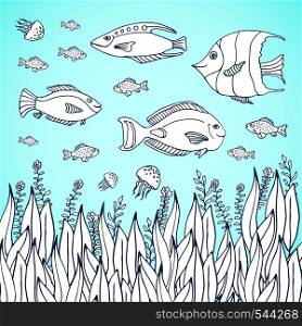 Adult coloring book page. Kids coloring page with aquarium fishes. Sea life with fish characters. Kids coloring page with aquarium. Adult coloring book page. Kids coloring page with aquarium fishes. Kids coloring page with aquarium