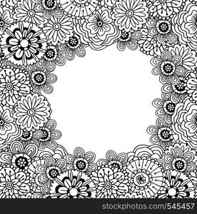 Adult coloring book page. Vector frame with abstract flowers pattern. Floral background for cover decoration or packaging design.. Adult coloring book page. Vector frame with abstract flowers pattern. Floral background for cover decoration or packaging design