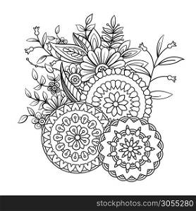 Adult coloring book page with flowers and mandalas. Floral pattern in black and white. Art therapy, anti stress coloring page. Hand drawn vector illustration. Floral pattern in black and white