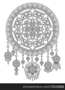 Adult coloring page with dreamcatcher with feathers and flowers. Native American Indian talisman. Black and white doodle ornament. Isolated on white background. Ethnic design. Vector illustration. Print