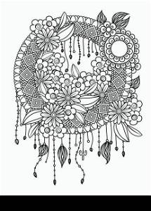 Adult coloring page with dreamcatcher with feathers and flowers. Native American Indian talisman. Black and white doodle ornament. Isolated on white background. Ethnic design. Vector illustration. Floral Mandala Pattern