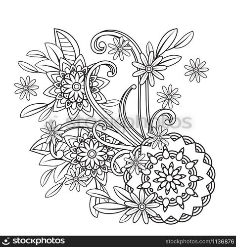 Adult coloring page with flowers pattern. Black and white doodle floral mandala. Bouquet line art vector illustration isolated on white background.. Floral Mandala Pattern