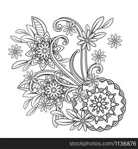 Adult coloring page with flowers pattern. Black and white doodle floral mandala. Bouquet line art vector illustration isolated on white background.. Floral Mandala Pattern