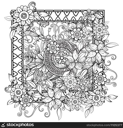 Adult coloring page with flowers pattern. Black and white doodle wreath. Floral mandala. Bouquet line art vector illustration isolated on white background.. Floral Mandala Pattern