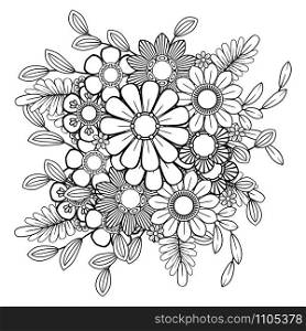 Adult coloring page with flowers pattern. Black and white doodle wreath. Floral mandala. Bouquet line art vector illustration isolated on white background. Round design element. floral coloring page