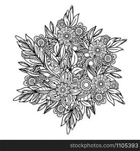 Adult coloring page with flowers pattern. Black and white doodle wreath. Floral mandala. Bouquet line art illustration isolated on white background. Round design element. Floral Mandala Pattern