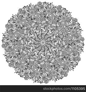 Adult coloring page with flowers pattern. Black and white doodle wreath. Floral mandala. Bouquet line art illustration isolated on white background. Round design element. Floral Mandala Pattern