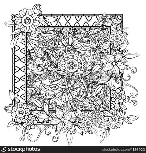 Adult coloring page with flowers pattern. Black and white doodle wreath. Floral mandala. Bouquet line art vector illustration isolated on white background.. Floral Mandala Pattern