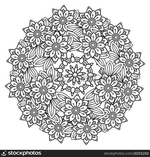 Adult coloring page with flowers pattern. Black and white doodle wreath. Floral mandala. Bouquet line art vector illustration isolated on white background. Round design element. Floral Mandala Pattern