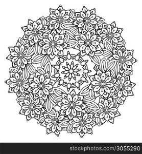 Adult coloring page with flowers pattern. Black and white doodle wreath. Floral mandala. Bouquet line art vector illustration isolated on white background. Round design element. Floral Mandala Pattern
