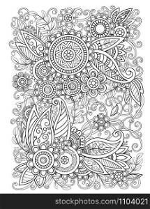 Adult coloring page with oriental floral pattern. Black and white doodle flowers. Bouquet line art vector illustration isolated on white background. Mehndi vector design. oriental floral design