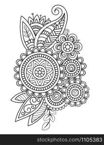 Adult coloring page with oriental floral pattern. Black and white doodle flowers. Bouquet line art vector illustration isolated on white background. Mehndi vector design. oriental floral design