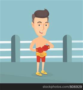 Adult confident sportsman wearing a champion belt and boxing gloves. Full length of professional male boxer standing in the boxing ring. Vector flat design illustration. Square layout.. Confident boxer in the ring vector illustration.