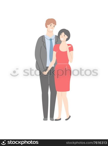 Adult couple, handsome man in suit and pretty woman in red dress isolated cartoon characters. Vector husband and wife, happy family, laughing people. Adult Couple, Handsome Man and Pretty Woman Vector