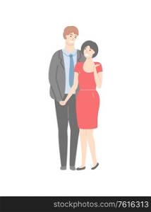 Adult couple, handsome man in suit and pretty woman in red dress isolated cartoon characters. Vector husband and wife, happy family, laughing people. Adult Couple, Handsome Man and Pretty Woman Vector