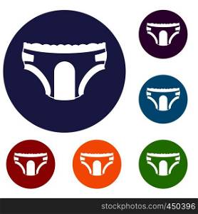 Adult diapers icons set in flat circle reb, blue and green color for web. Adult diapers icons set