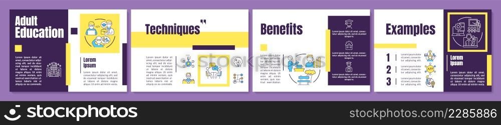 Adult education yellow and purple brochure template. Lifelong learning. Leaflet design with linear icons. 4 vector layouts for presentation, annual reports. Anton, Lato-Regular fonts used. Adult education yellow and purple brochure template