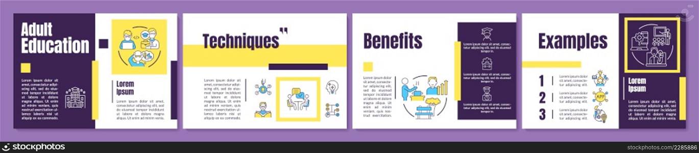 Adult education yellow and purple brochure template. Lifelong learning. Leaflet design with linear icons. 4 vector layouts for presentation, annual reports. Anton, Lato-Regular fonts used. Adult education yellow and purple brochure template