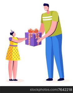 Adult giving present to little daughter. Father and child wearing hat and casual clothes holding big gift box with bow. Surprise from dad to girl colorful container with ribbon, happy family vector. Father Giving Gift Box to Daughter, Festive Vector