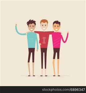 Adult guys,Men,Three best friends.Happy smiling young men friends.Happy best friends meeting.Happy triple icon.Happy friends tree man,Friendly hug and Friendship concept.Vector illustration.