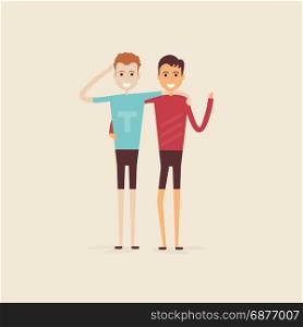 Adult guys,Men,Two best friends.Happy smiling young men friends.Happy best friends meeting.Happy couple icon.Happy friends two man,Friendly hug and Friendship concept.Vector illustration.