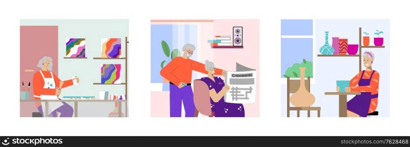 Adult hobby 3 flat compositions with painting reading together couple creating pottery with clay vector illustration
