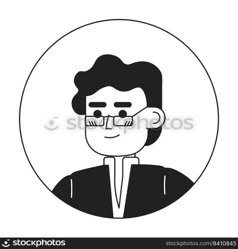 Adult indian man monochrome flat linear character head. Editable cartoon avatar icon. Curly hair brunette in glasses. Face emotion. Colorful spot illustration for web graphic design, animation. Adult indian man monochrome flat linear character head. Editable cartoon avatar icon