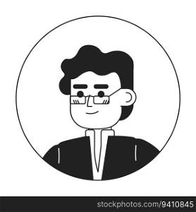 Adult indian man monochrome flat linear character head. Editable cartoon avatar icon. Curly hair brunette in glasses. Face emotion. Colorful spot illustration for web graphic design, animation. Adult indian man monochrome flat linear character head. Editable cartoon avatar icon