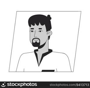 Adult indian man with black beard black white cartoon avatar icon. Editable 2D character user portrait, linear flat illustration. Vector face profile. Outline person head and shoulders. Adult indian man with black beard black white cartoon avatar icon