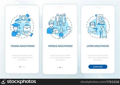 Adult life cycle onboarding mobile app page screen. Personal realisation walkthrough 3 steps graphic instructions with concepts. UI, UX, GUI vector template with linear color illustrations. Adult life cycle onboarding mobile app page screen