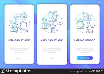 Adult life periods onboarding mobile app page screen. Self-realisation walkthrough 3 steps graphic instructions with concepts. UI, UX, GUI vector template with linear color illustrations. Adult life periods onboarding mobile app page screen
