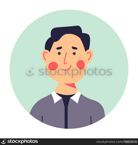 Adult male character smiling on portrait, rounded avatar or photo for profile in media or cv. Cheerful man in middle age, confident personage. Brunette with blush on cheeks, vector in flat style. Middle aged male character portrait in circle vector