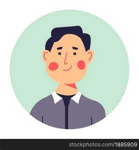 Adult male character smiling on portrait, rounded avatar or photo for profile in media or cv. Cheerful man in middle age, confident personage. Brunette with blush on cheeks, vector in flat style. Middle aged male character portrait in circle vector