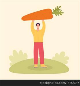Adult male farmer with a large carrot. Harvesting concept, vegetarianism, healthy food, farm products, vitamins. Fair with village products. Flat cartoon illustration isolated on light background
