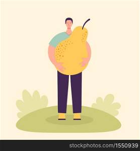 Adult male farmer with a large pear. Harvesting concept, vegetarianism, healthy food, farm products, vitamins. Fair with village products. Flat cartoon illustration isolated on light background