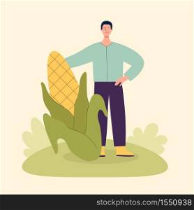 Adult male farmer with big corn. Harvesting concept, vegetarianism, healthy food, farm products, vitamins. Fair with village products. Flat cartoon illustration isolated on light background