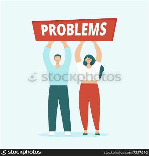 Adult man and woman, husband and wife are having serious problems. Concept of family quarrels, conflict, relationship problems, divorce. Flat vector illustration isolated.