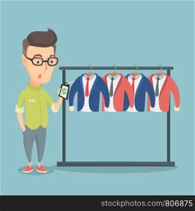 Adult man shocked by a price tag in a clothing store. Surprised man looking at the price tag in a clothing store. Amazed man staring at the price tag. Vector flat design illustration. Square layout.. Man shocked by a price tag in a clothing store.
