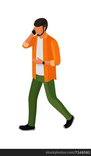 Adult man with beard, yellow shirt, green trousers speaks on telephone vector isolated on white. Student or college boy cartoon character, stylish guy. Adult Man with Beard, Yellow Shirt, Green Trousers