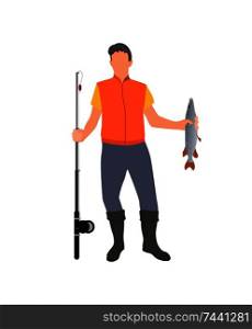 Adult man with catched fish isolated on white vector illustration of successful fisherman that holding professional fishing-rod and and keeping take. Adult Man with Catched Fish Isolated on White