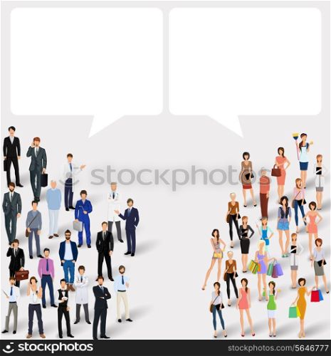 Adult men and women with speech bubbles people chat concept vector illustration