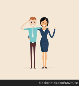 Adult,Men,Women,Two best friends.Happy smiling young man and woman friends.Happy best friends meeting.Happy couple icon.Happy friends icon.Friendly hug and Friendship concept.Vector illustration.