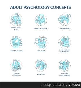 Adult psychology blue concept icons set. Maturity problem. Starting a career. Launching adult children idea thin line color illustrations. Vector isolated outline drawings. Editable stroke. Adult psychology blue concept icons set