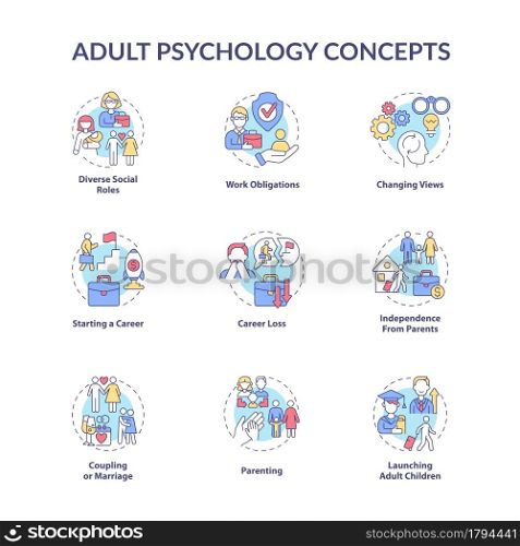 Adult psychology concept icons set. Independence from parents. Parenting. Career loss. Maturity problem idea thin line color illustrations. Vector isolated outline drawings. Editable stroke. Adult psychology concept icons set