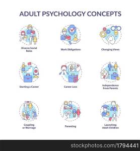 Adult psychology concept icons set. Independence from parents. Parenting. Career loss. Maturity problem idea thin line color illustrations. Vector isolated outline drawings. Editable stroke. Adult psychology concept icons set