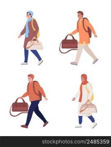 Adult refugees running away semi flat color vector character set. Distressed figures. Full body people on white. Simple cartoon style illustration collection for web graphic design and animation. Adult refugees running away semi flat color vector character set