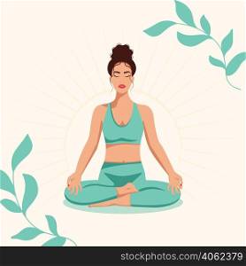 Adult relaxed woman sitting in lotus position. Young girl doing yoga vector illustration Meditation, relaxation and wellness concept. Adult relaxed woman sitting in lotus position